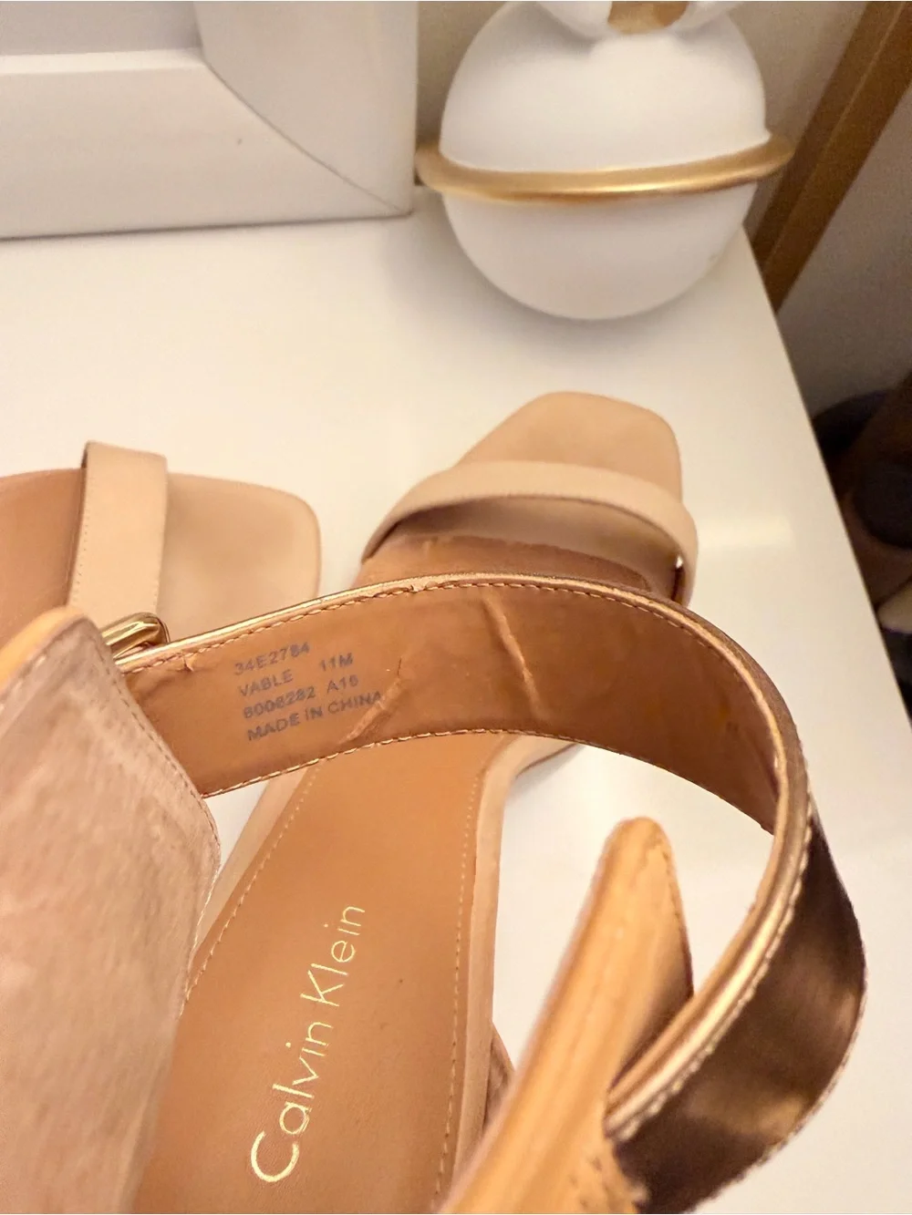 Calvin Klein Nude and Gold Ankle-Strap Stiletto Sandals